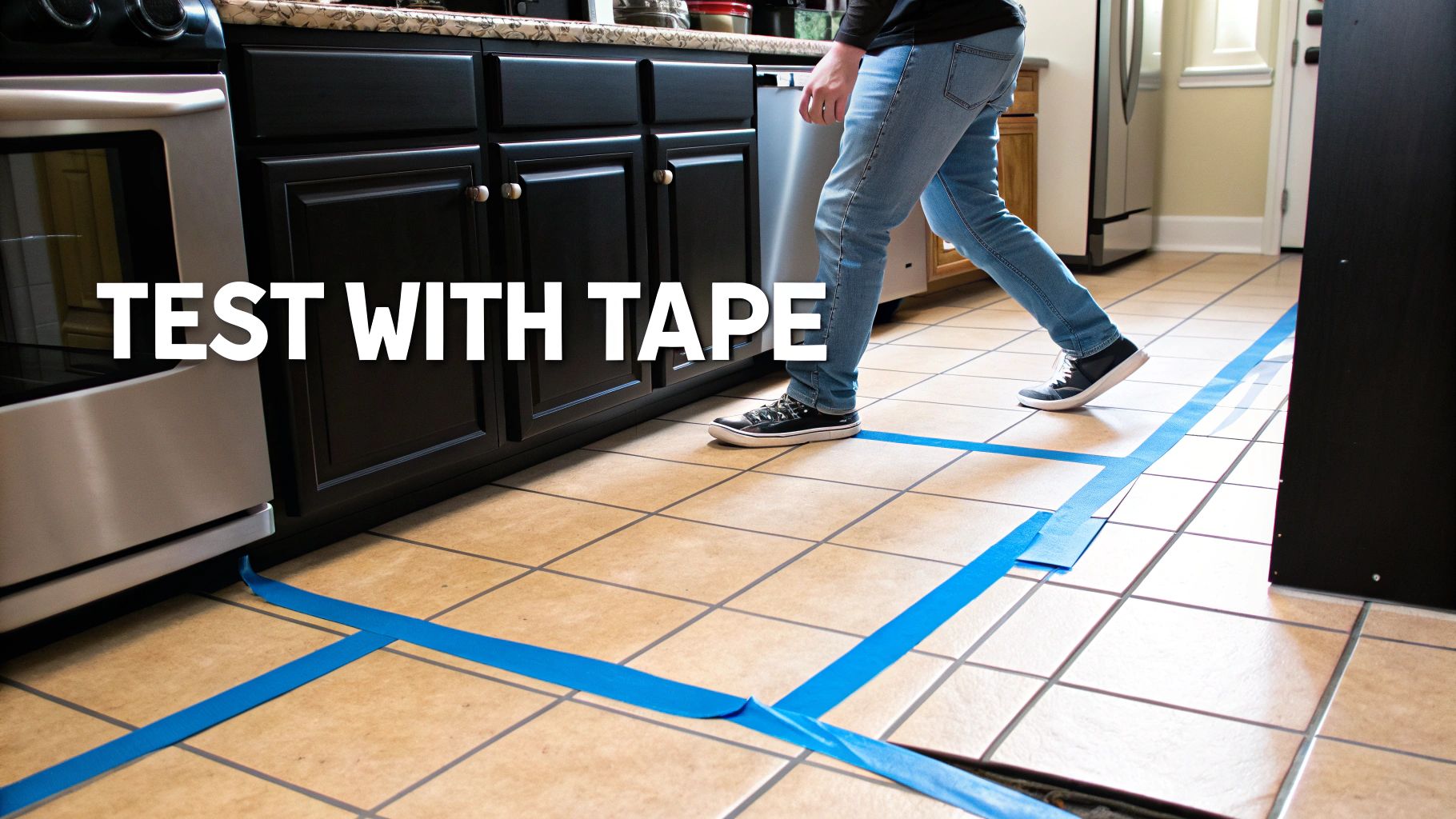 An empty room with a new kitchen layout marked out on the floor with blue painter&#39;s tape.