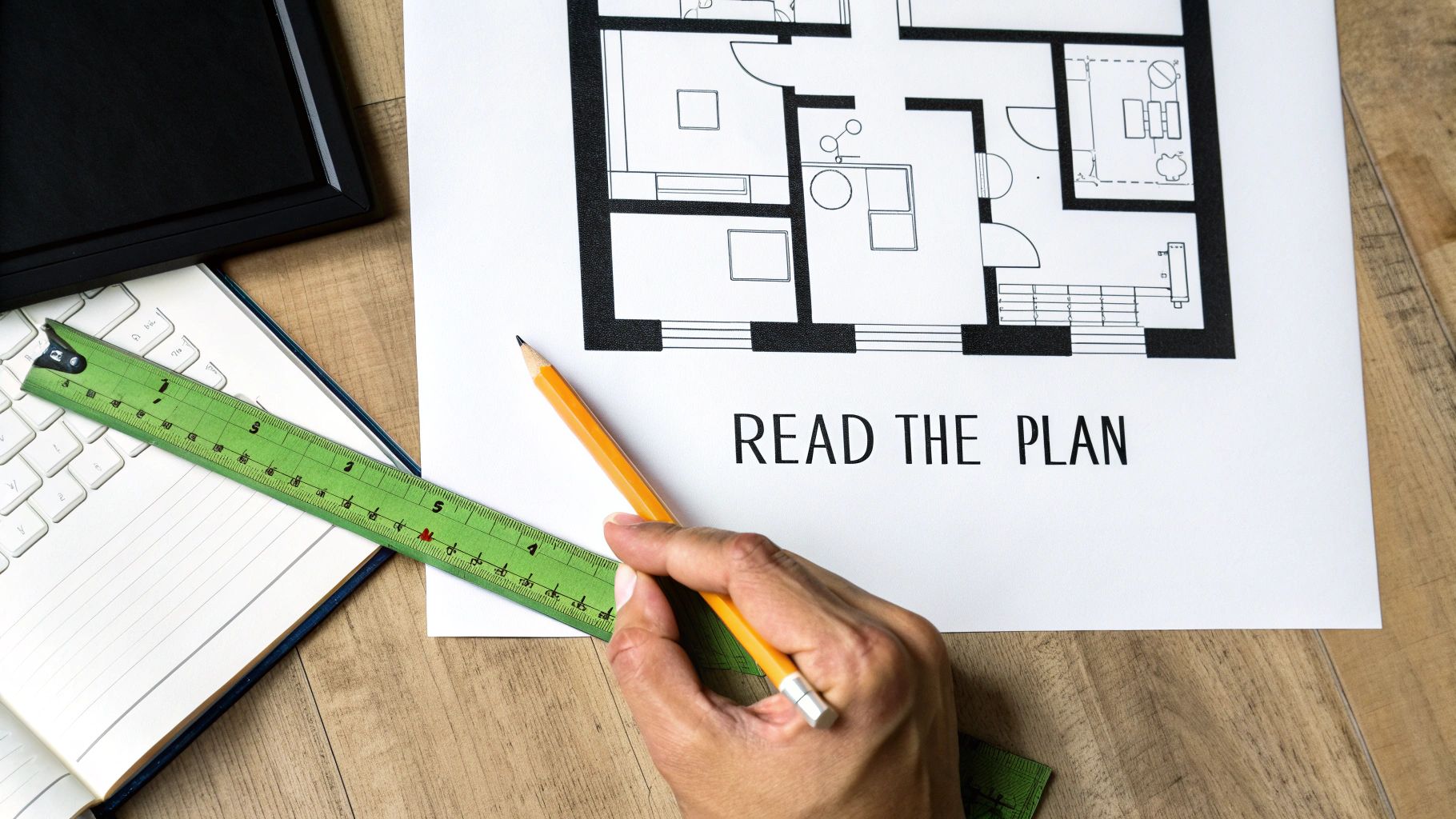 A person's hands tracing lines on a small home floor plan spread out on a wooden table.