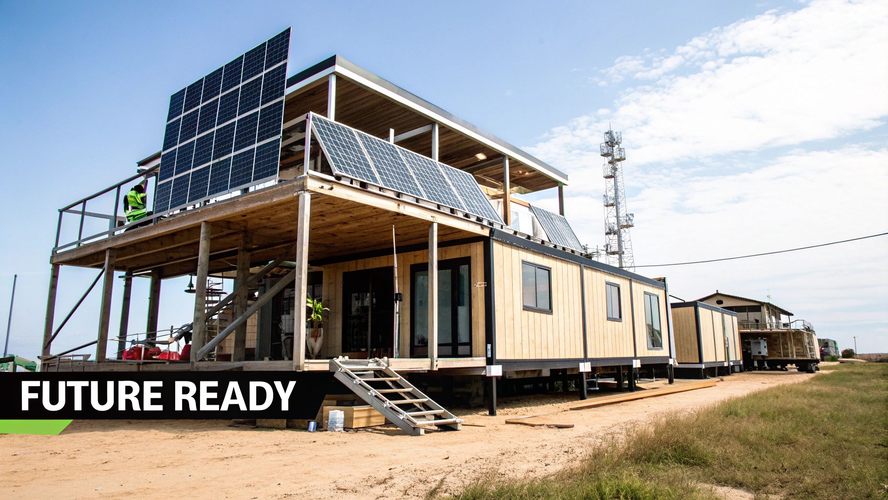 A modern elevated coastal home with sustainable materials and large glass windows, showing the integration of smart technology.
