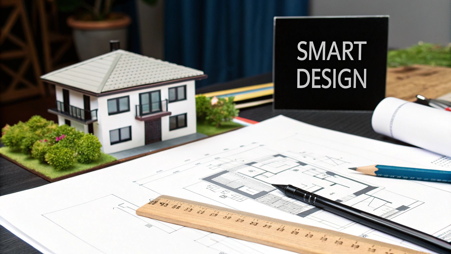 Miniature house model, architectural blueprints, and a 'SMART DESIGN' sign on a desk.