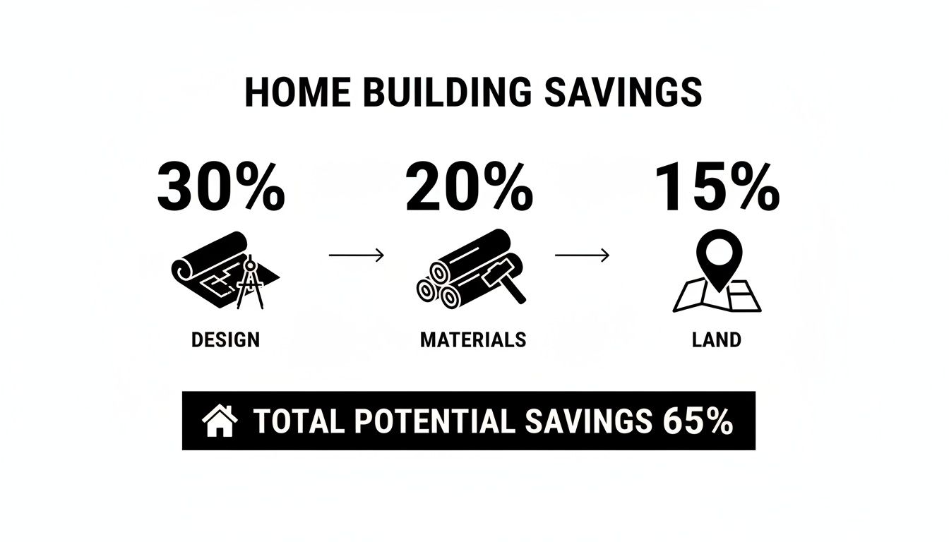 Infographic showing home building savings: 30% on design, 20% on materials, and 15% on land, totaling 65% potential savings.