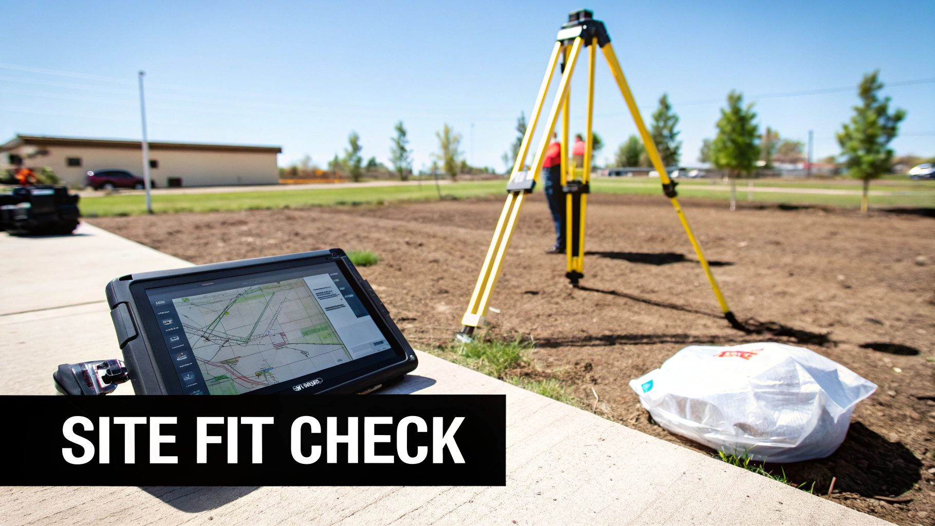 A rugged tablet with a digital map, a surveying tripod, and a worker on a construction site.