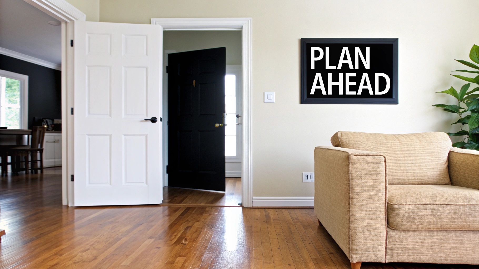 A motivational 'PLAN AHEAD' sign hangs above a beige armchair in a bright room with hardwood floors and open doors.