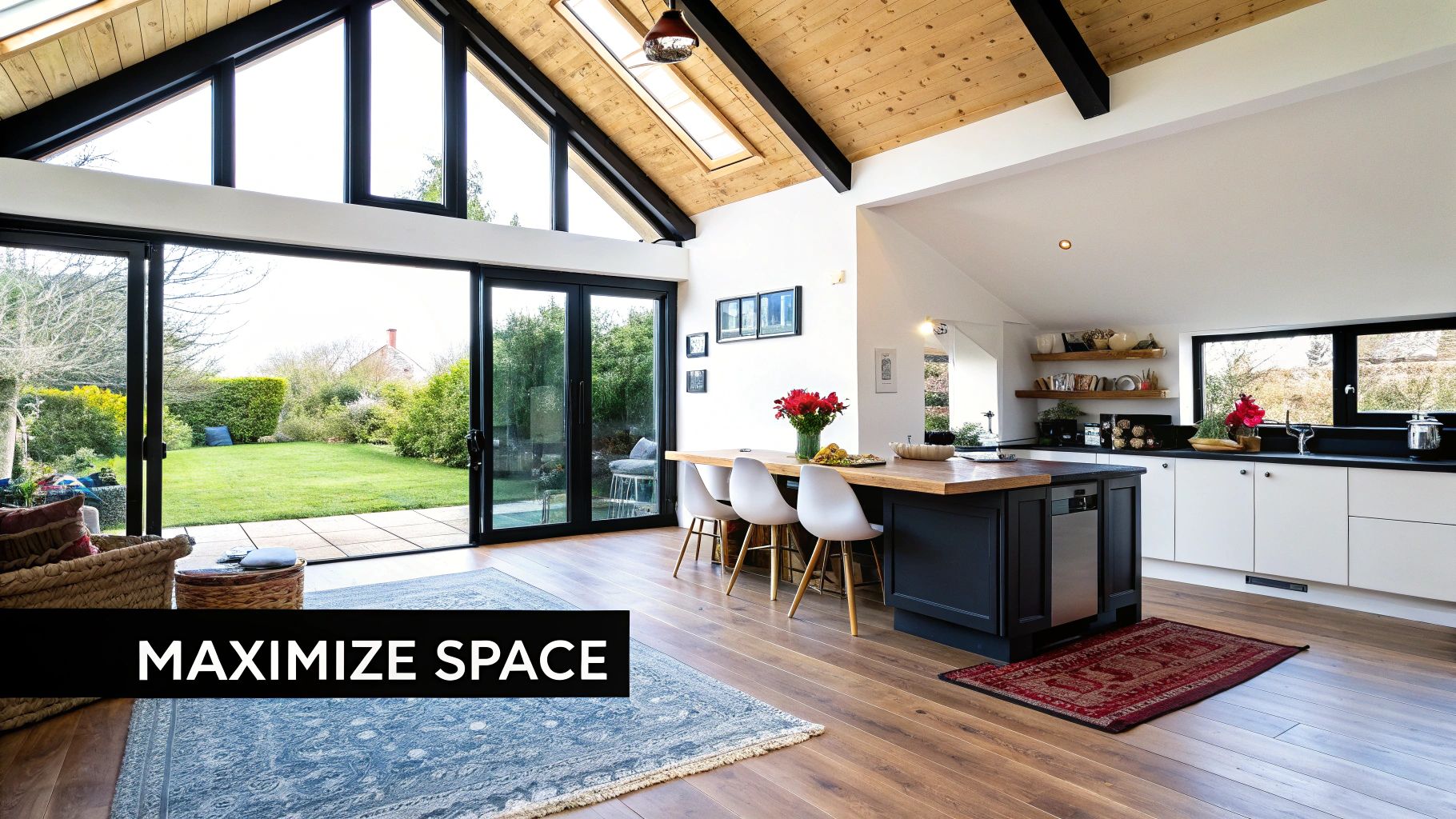 A bright, open-concept living area in a small home, with large windows and vaulted ceilings.