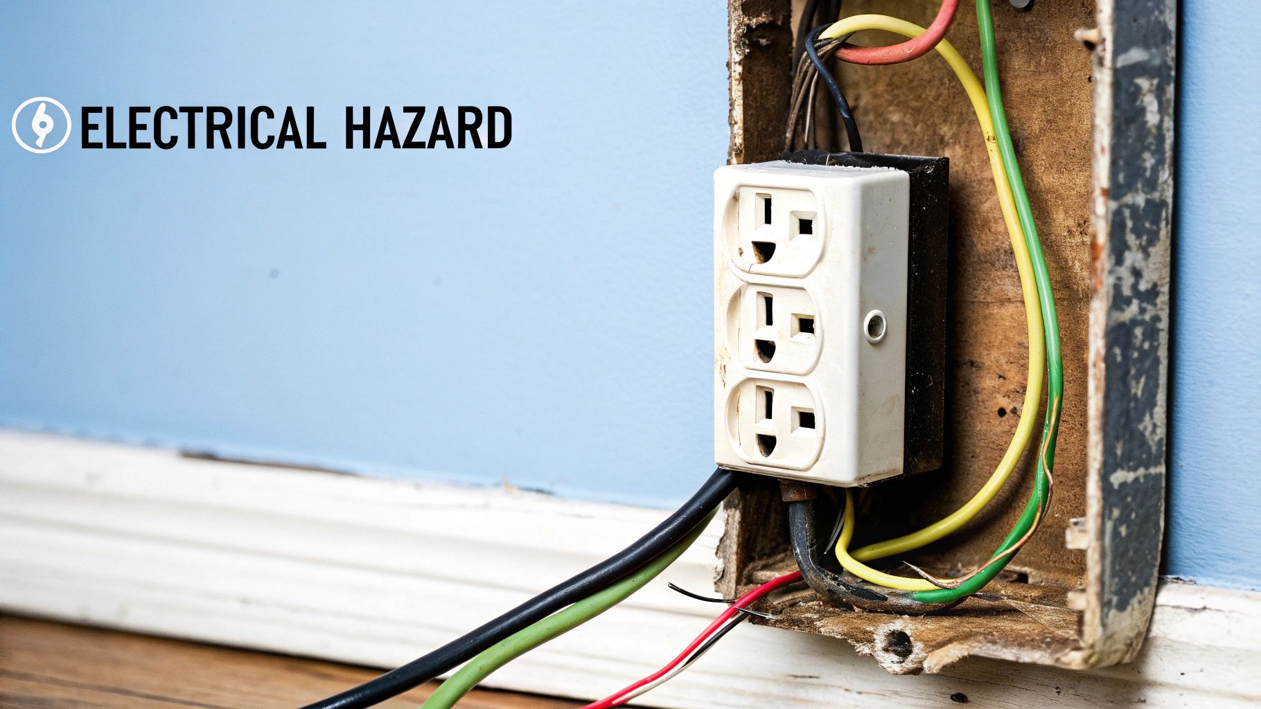 An open electrical box revealing faulty wiring and a triple outlet, clearly an electrical hazard.