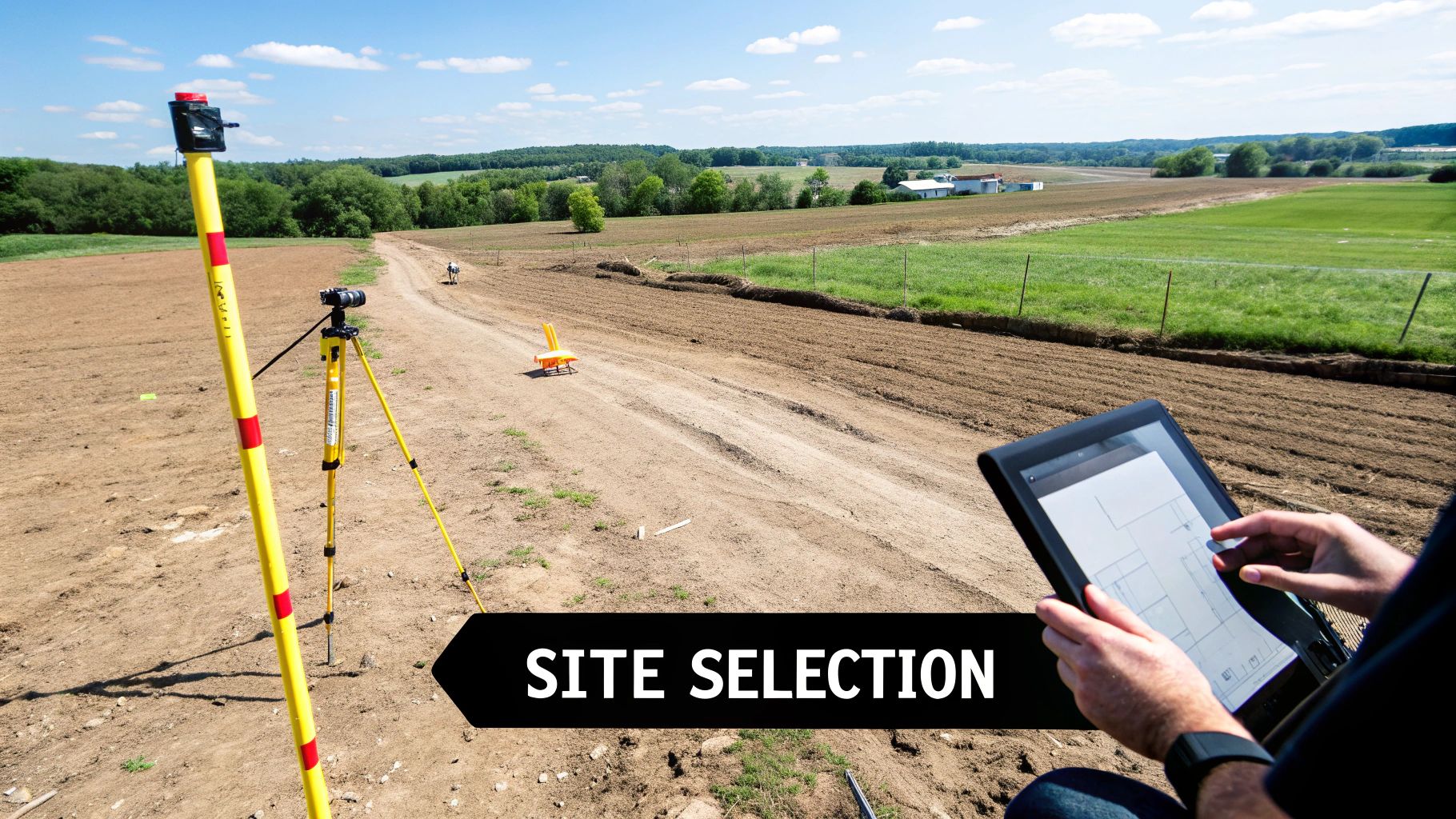 A person uses a tablet for site selection in a field with surveying equipment and a drone.