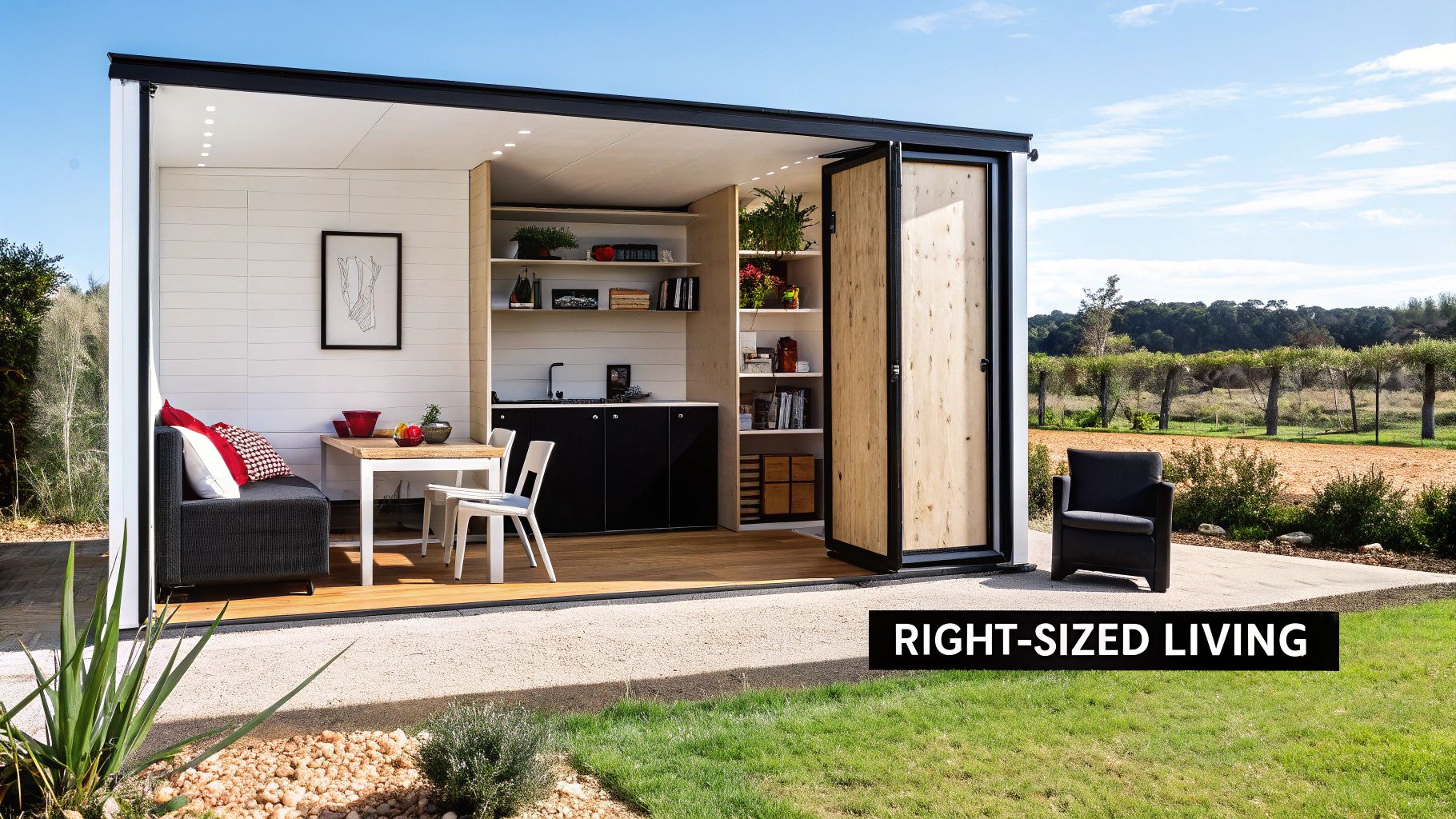 A cozy modern small home with large windows nestled in a wooded area