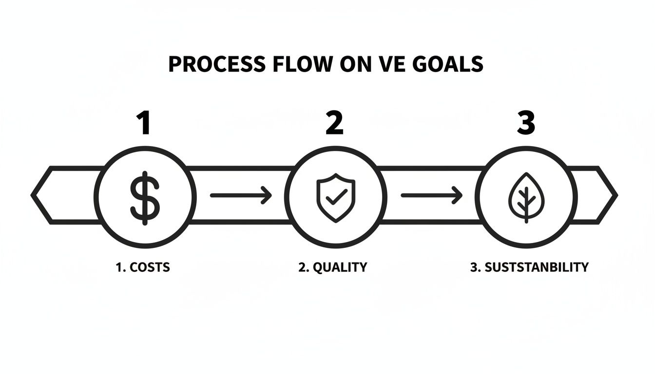 Horizontal process flow diagram showing value engineering goals: costs, quality, and sustainability.