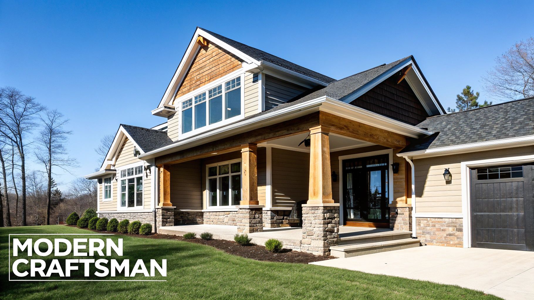 A beautiful modern craftsman style home with a prominent porch and natural materials.
