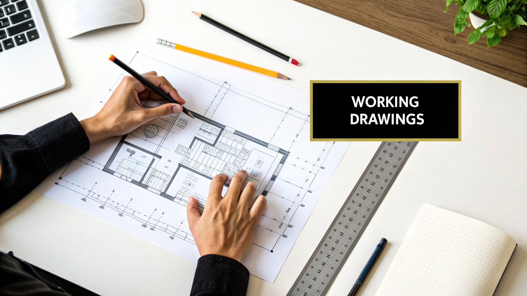 Hands drawing on architectural plans with pencils and a ruler on a white desk.