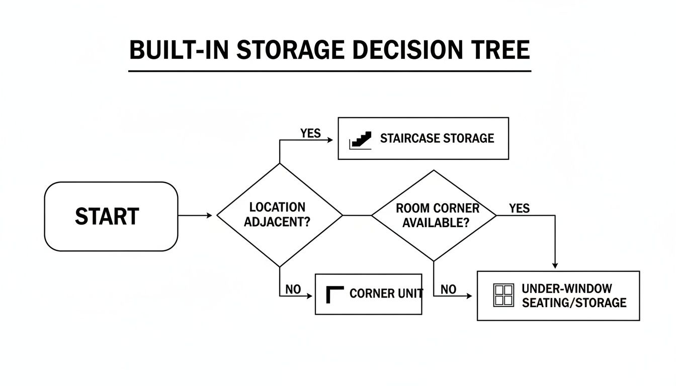 A decision tree flowchart illustrating various built-in storage solutions like staircase, corner, and under-window units.