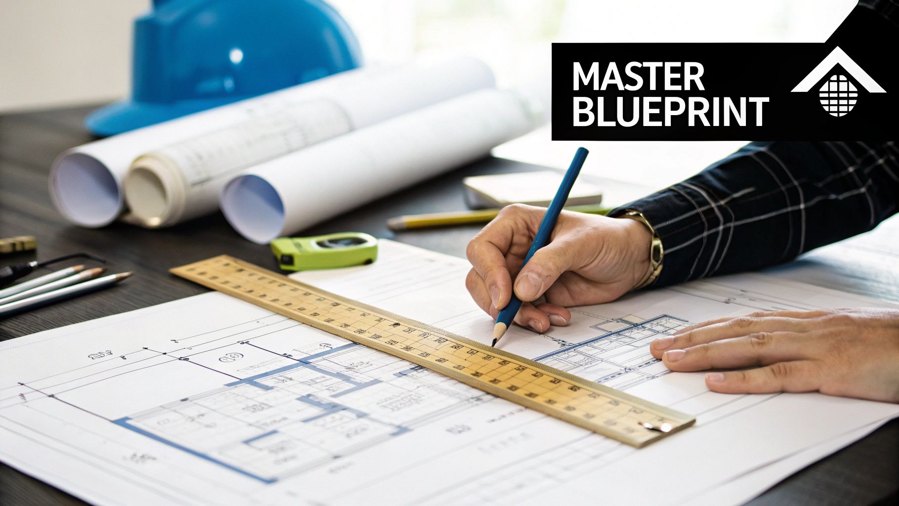 A person's hands drawing architectural blueprints with a pencil and ruler, surrounded by construction plans.