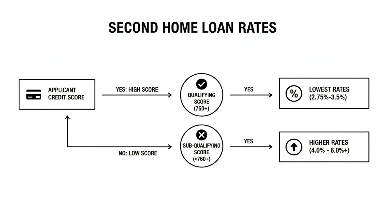 Flowchart illustrating second home loan rates based on applicant's credit score tiers.