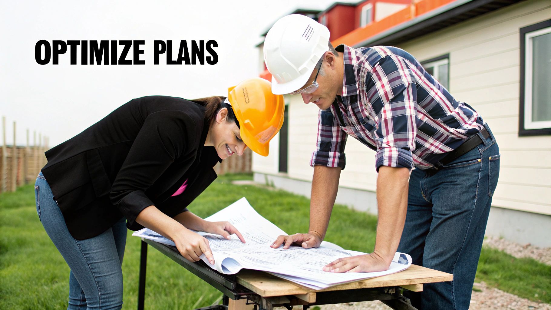 Two construction workers, wearing hard hats, intently review blueprints on a table outdoors, discussing optimized plans.