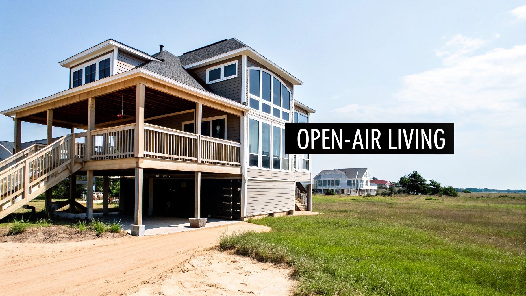 An elevated coastal home with a large wraparound porch and expansive windows overlooking the ocean.