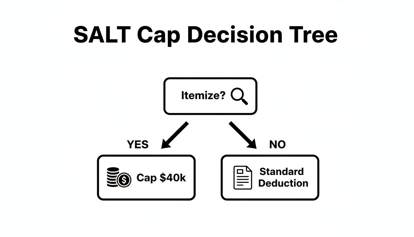 Decision tree explaining the SALT cap, guiding tax filers on itemized deductions versus standard deduction.