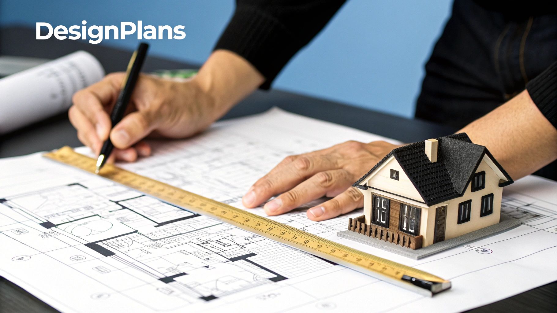 An architect's hands drawing on house blueprints with a ruler and pen, next to a miniature model house.