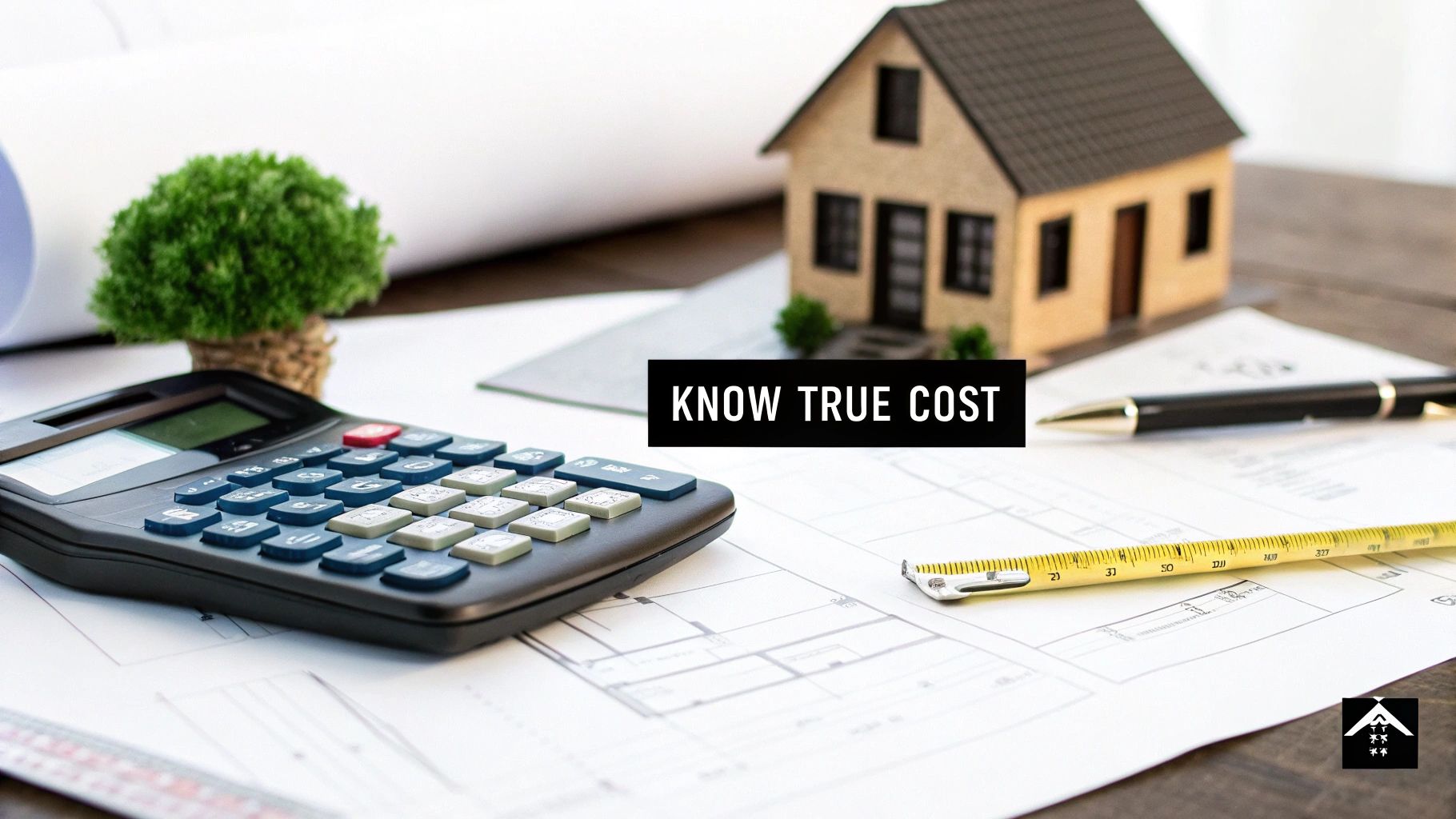 A calculator and measuring tape resting on top of house blueprints, representing the cost estimation process.