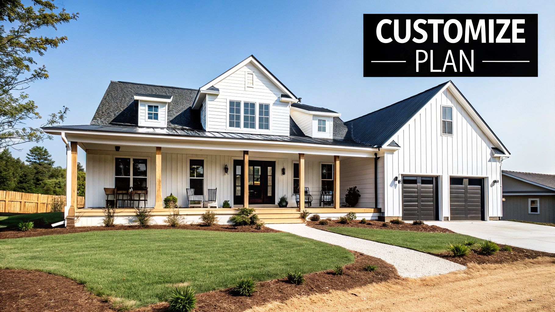 Modern white farmhouse exterior with front porch, dormers, attached garage and customize plan text overlay
