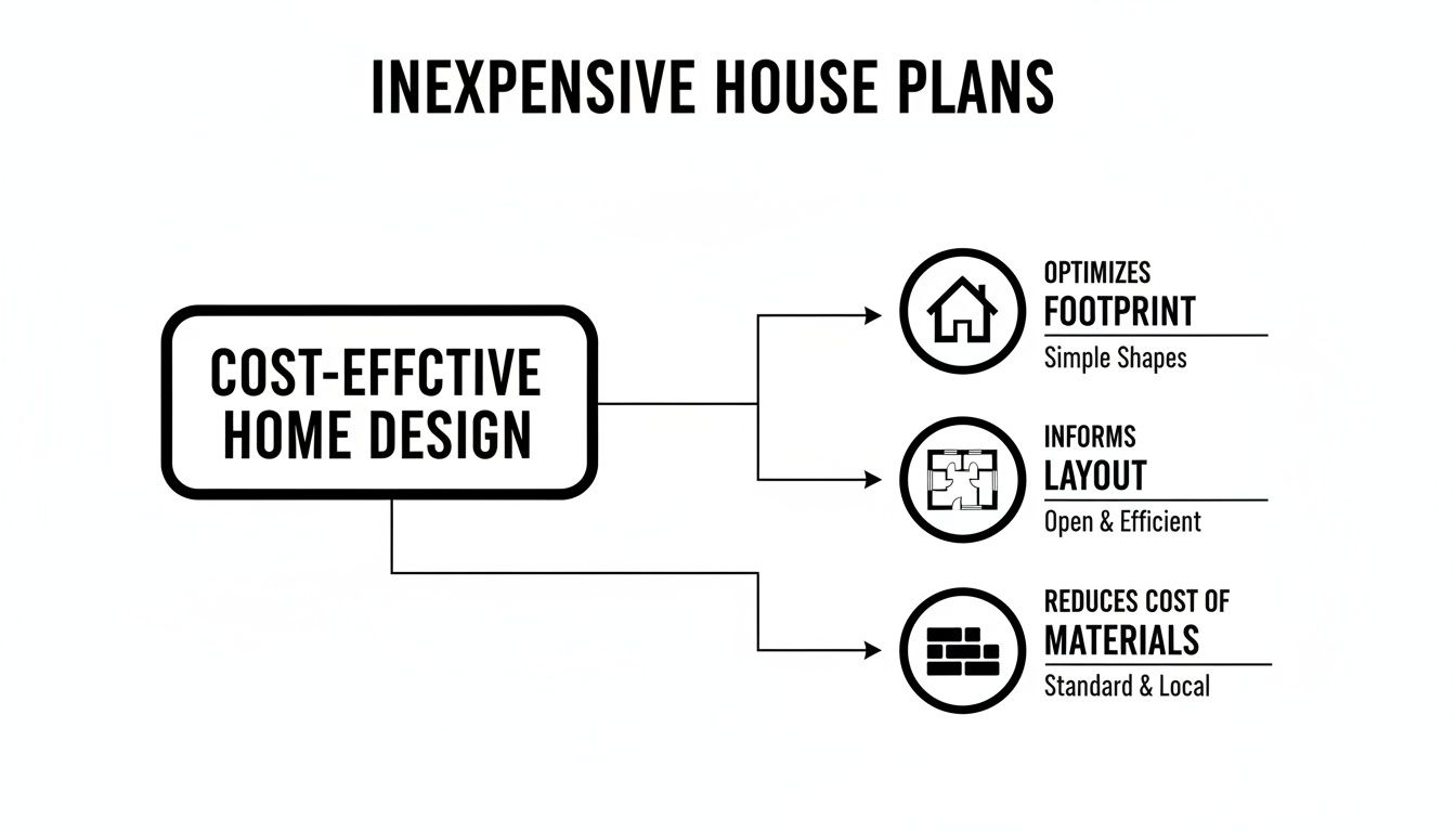 Diagram illustrating cost-effective home design principles for inexpensive house plans, focusing on footprint, layout, and materials.