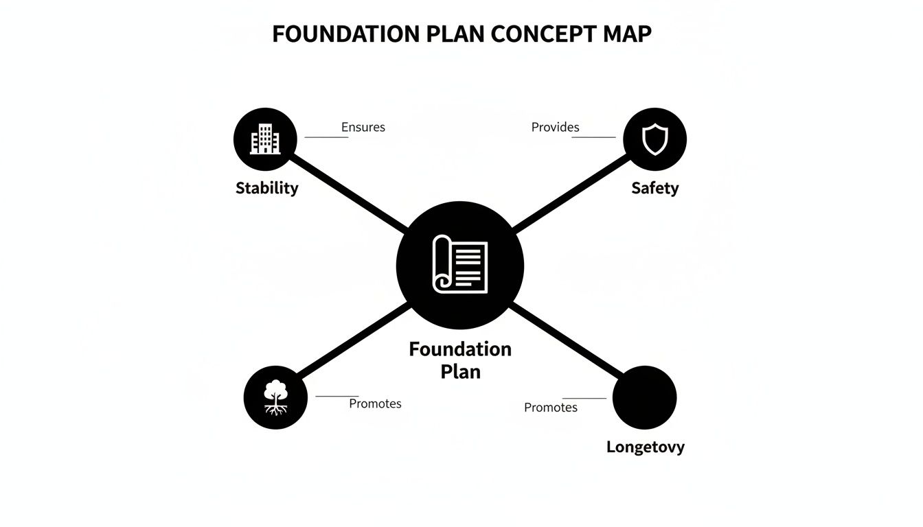 A concept map showing a Foundation Plan ensures stability, provides safety, and promotes longevity.