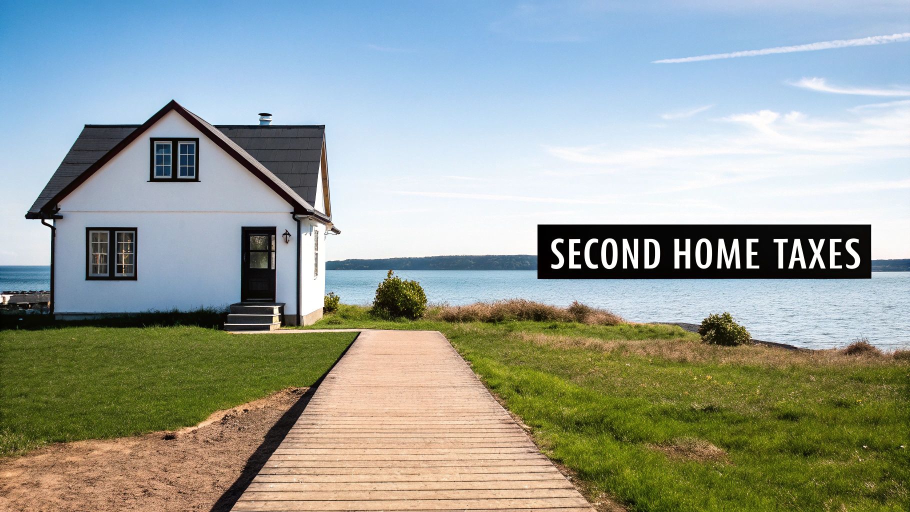 A white house with a dark roof and a wooden pathway leads to the sea under a clear sky.