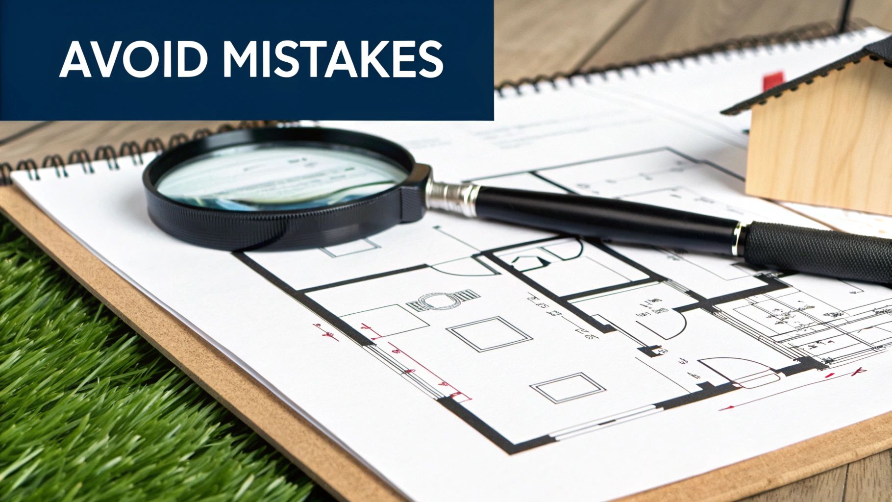 Magnifying glass and pen on house foundation plans, next to a wooden house model and 'AVOID MISTAKES' text.