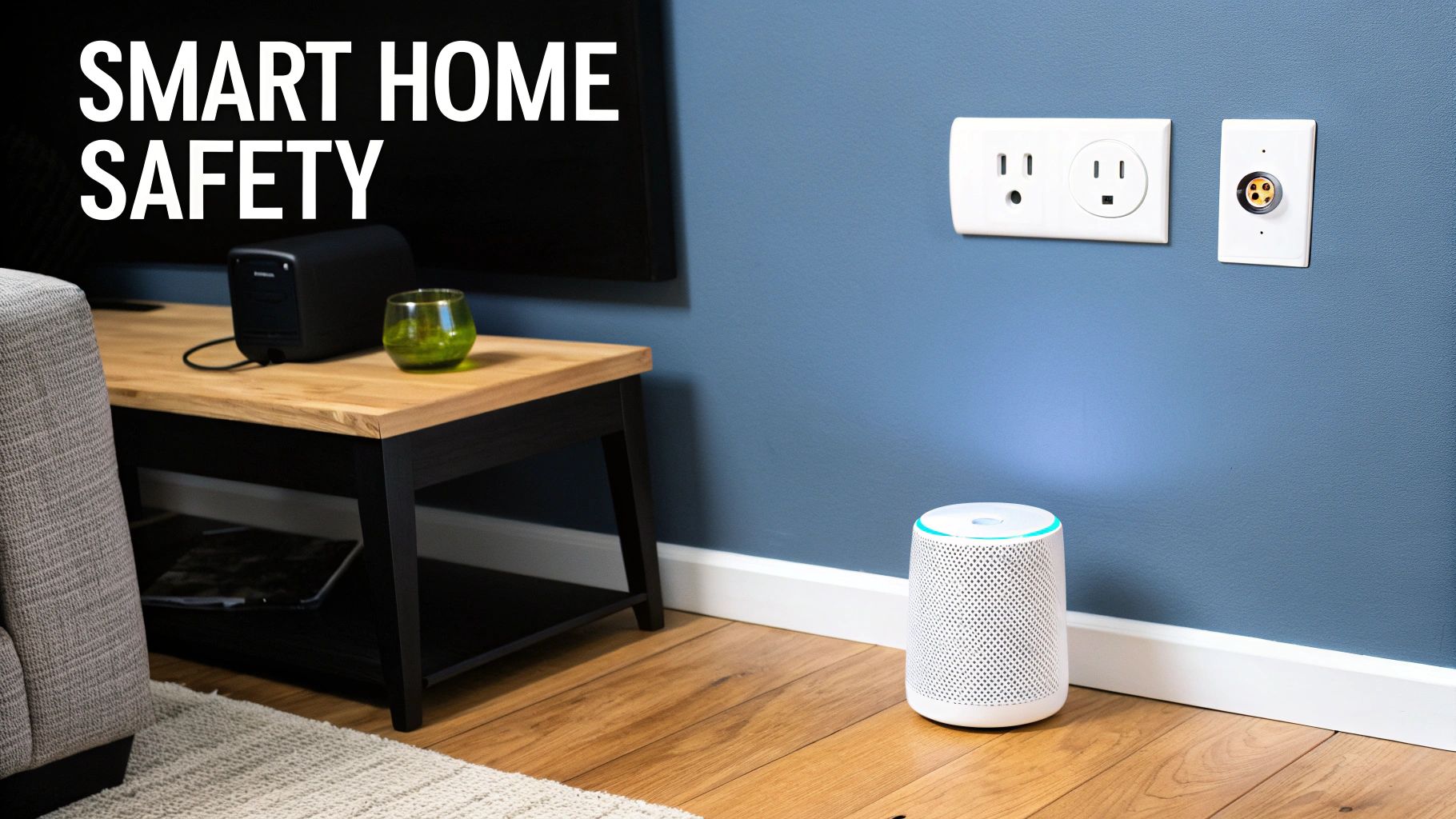 A smart home speaker and wall outlets in a modern room, emphasizing smart home safety.