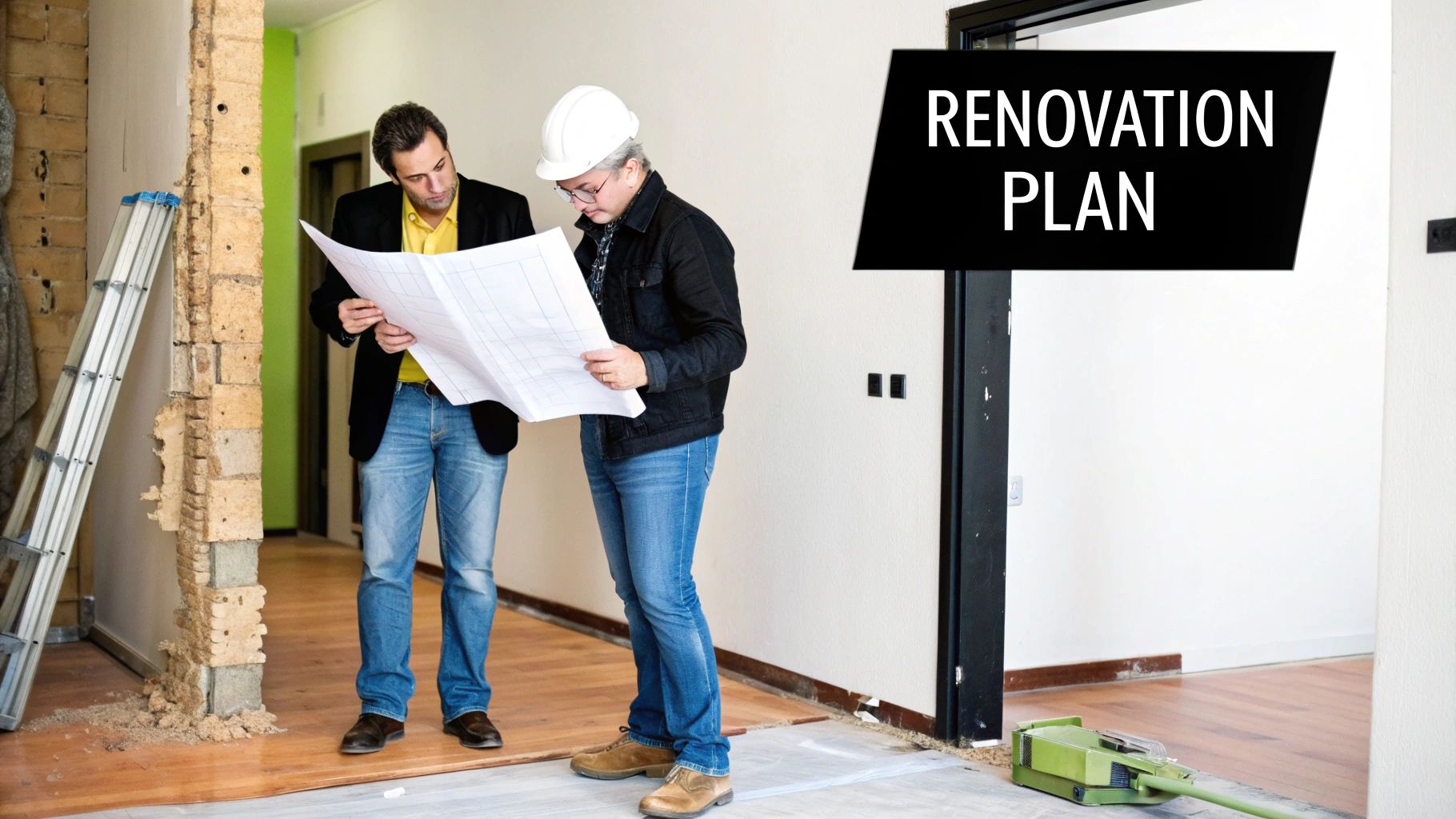 A team of contractors working on an open concept renovation, with exposed beams and tools visible.