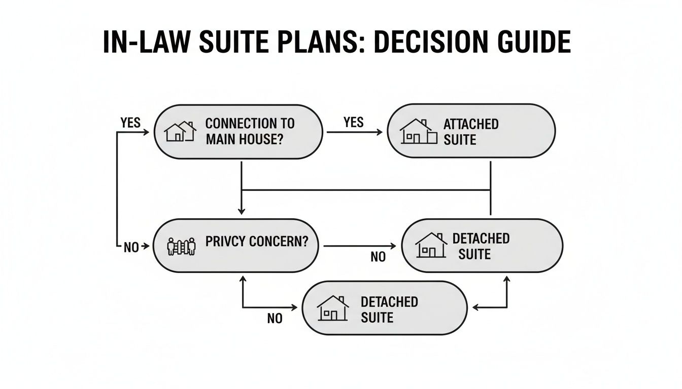 Flowchart guiding decisions for in-law suite plans based on connection to the main house and privacy concerns.