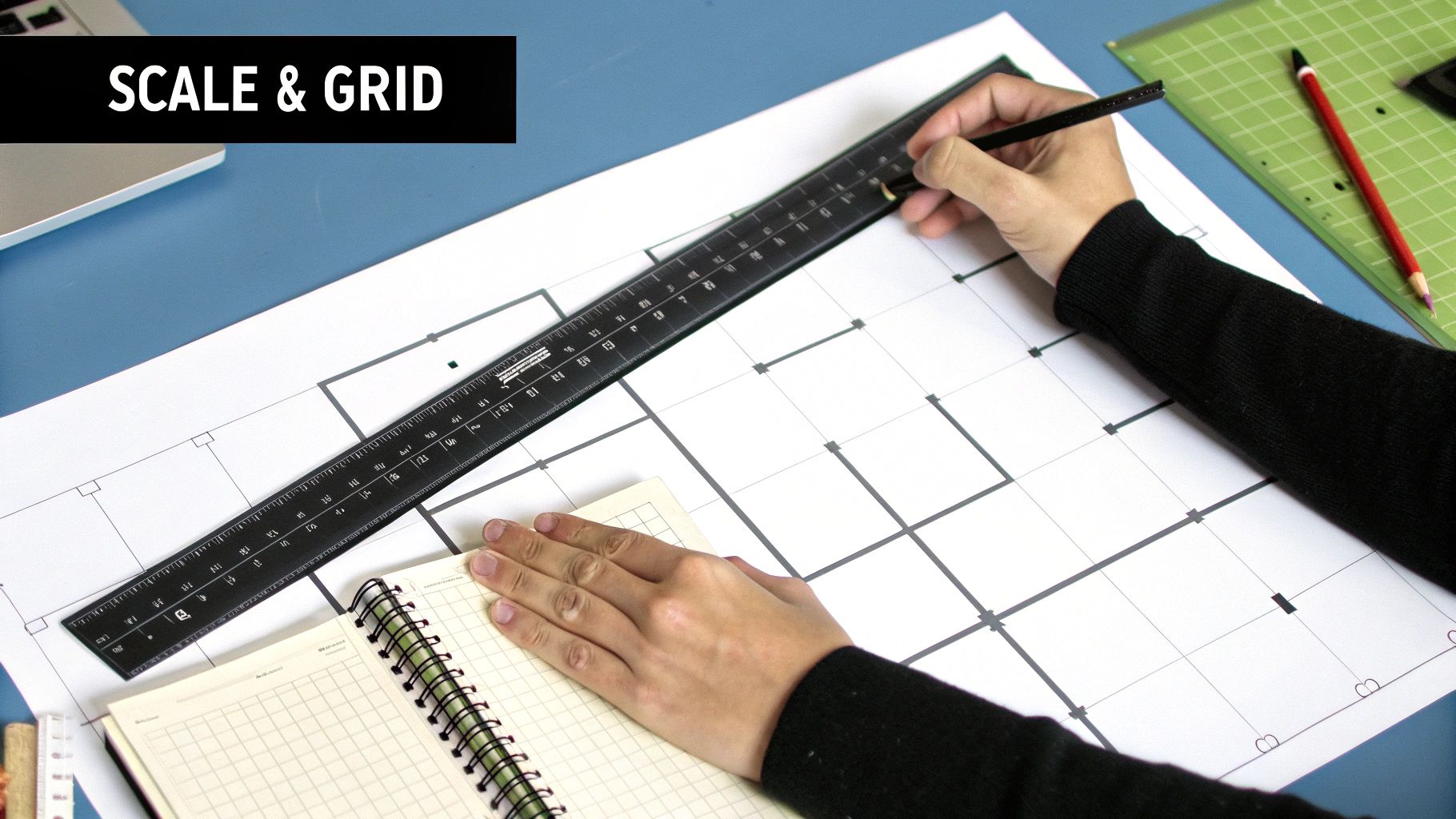 Close-up of hands drawing architectural plans with a ruler and pencil on a grid paper.