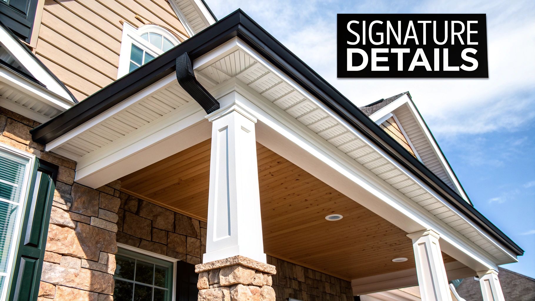 A modern craftsman home's exterior showing its signature low-pitched roof and wide porch.