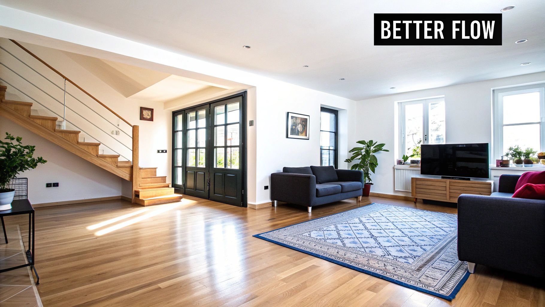 Bright, modern living room with a wooden staircase, dark sofas, television, and blue rug.