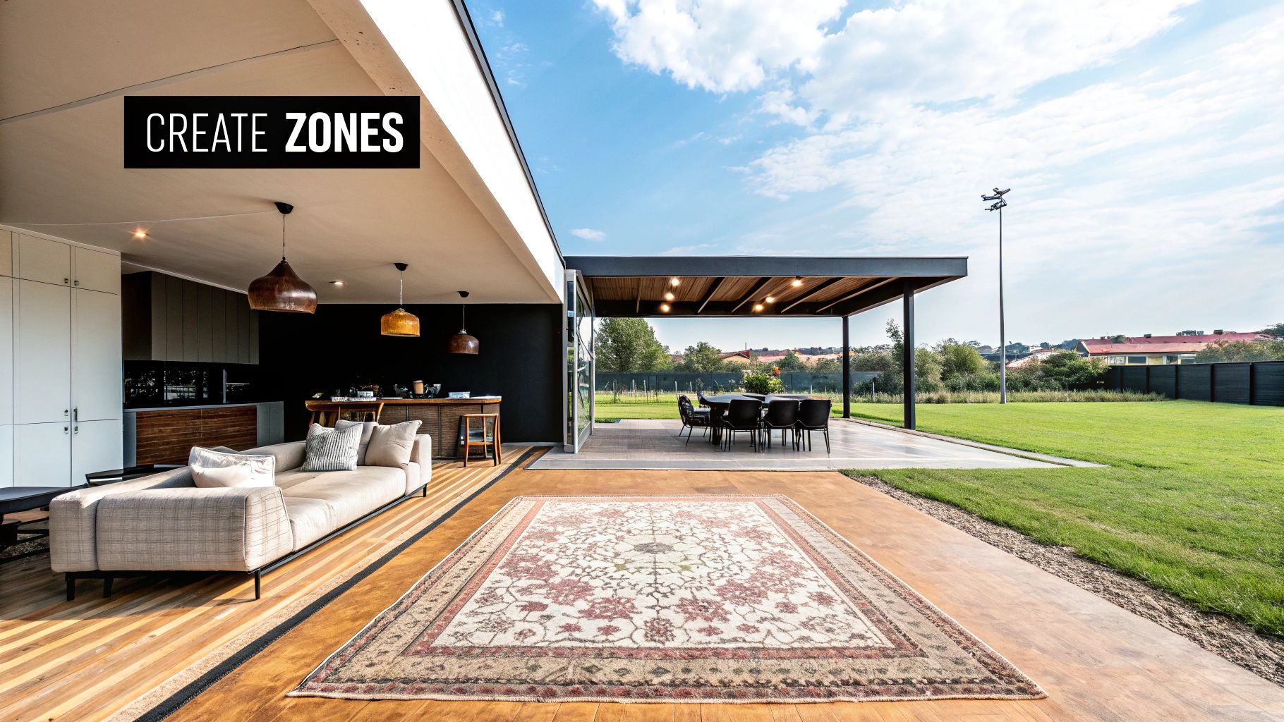 A living room in an open floor plan, with a large area rug defining the seating area and a sofa acting as a visual divider from the dining space.