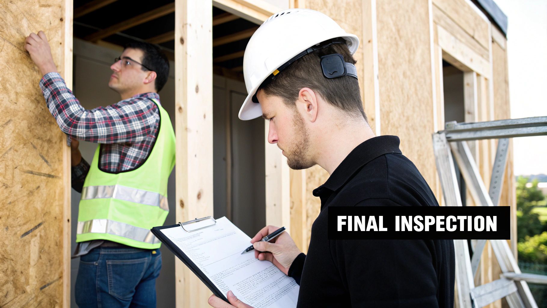 Two construction workers conducting a final inspection on a building site, one checking a wall, the other writing on a clipboard.