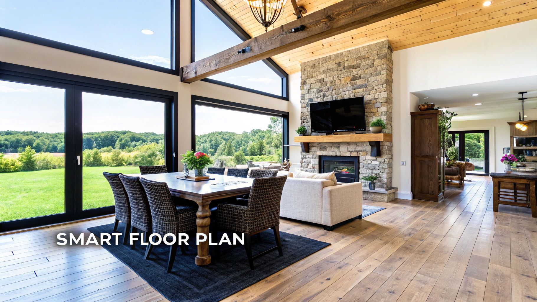 A rustic modern farmhouse great room featuring a dining table, stone fireplace, and scenic views.