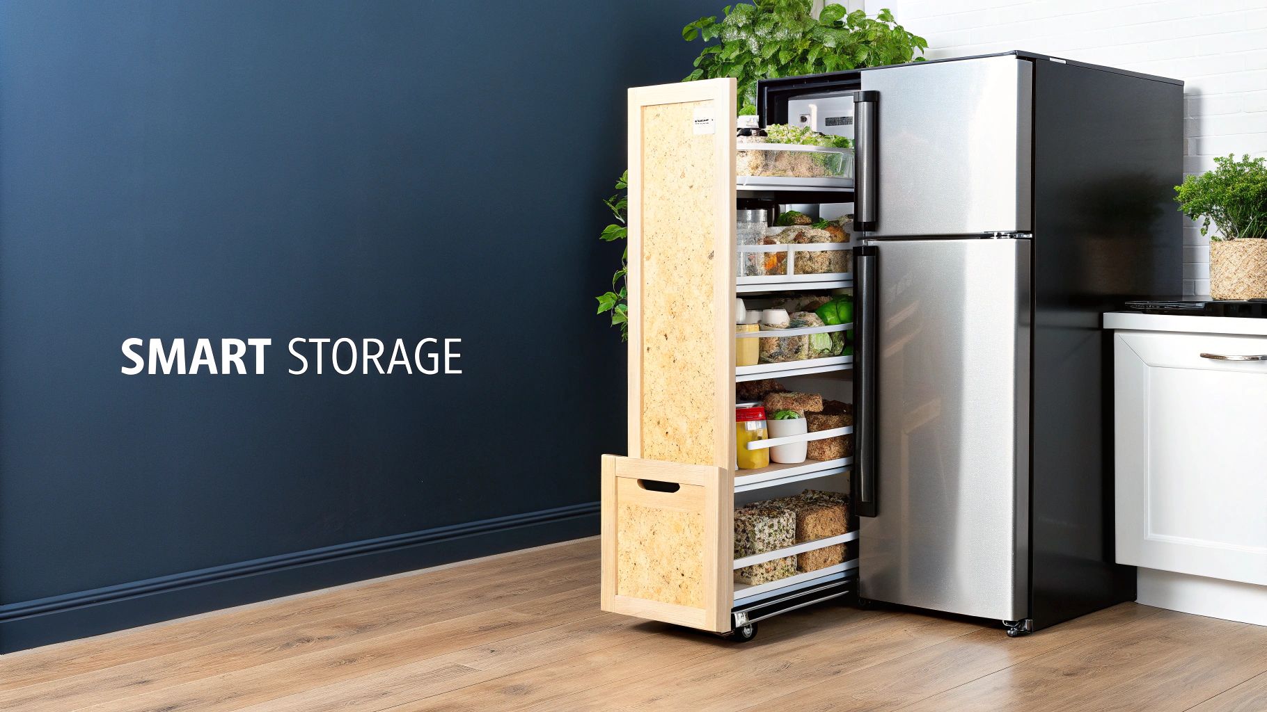 A well-organized kitchen with smart storage solutions and clear landing zones near the appliances.
