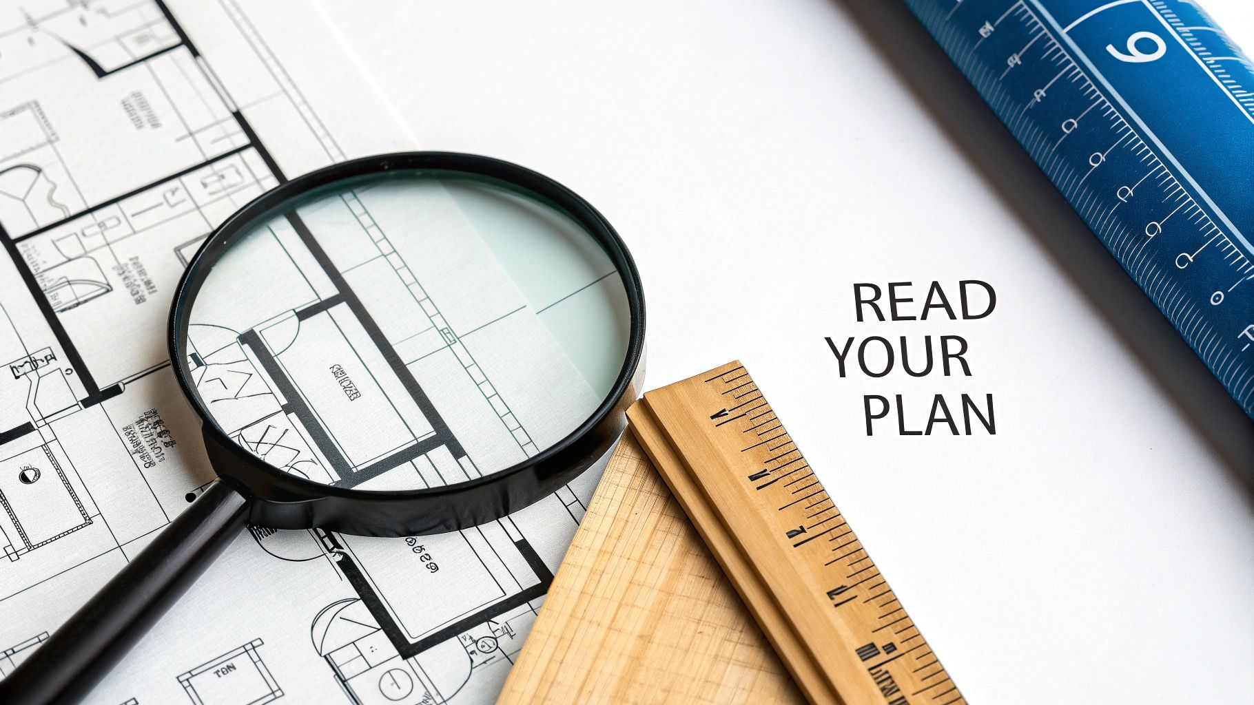 A man carefully reviewing architectural blueprints spread out on a wooden table, pointing to a specific detail.