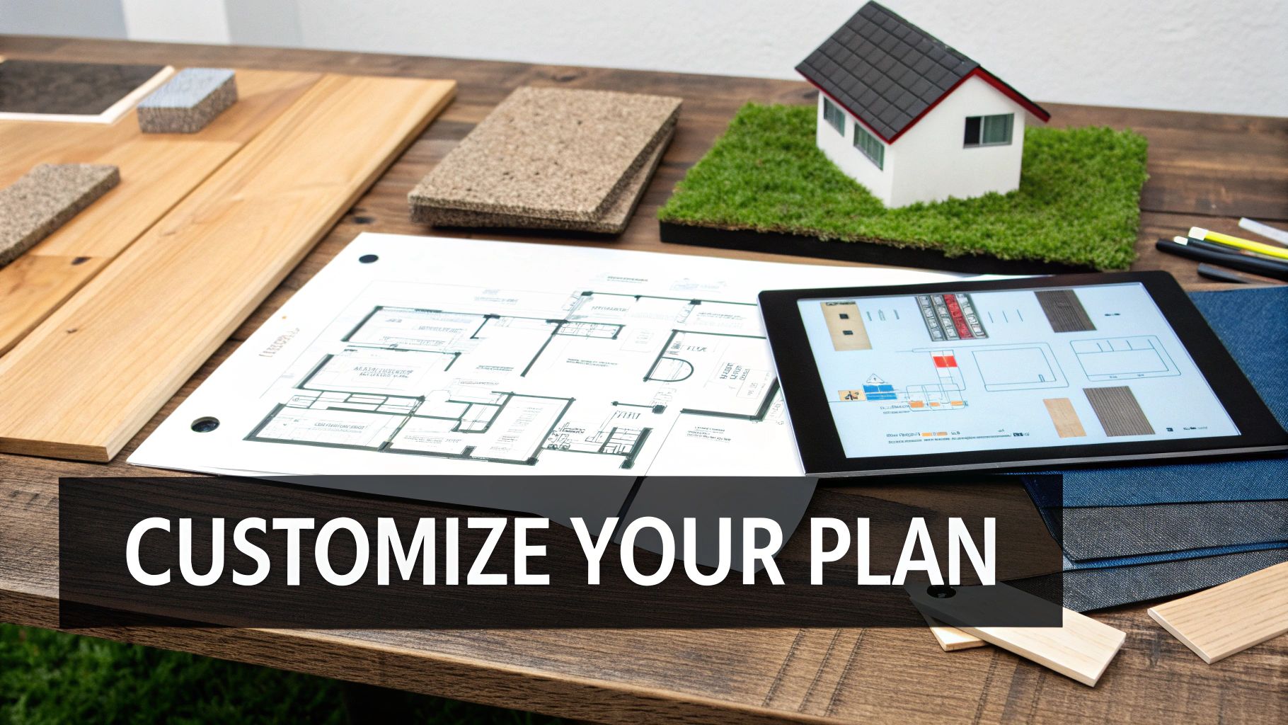 A family personalizing their modern craftsman style home plans at a design table.