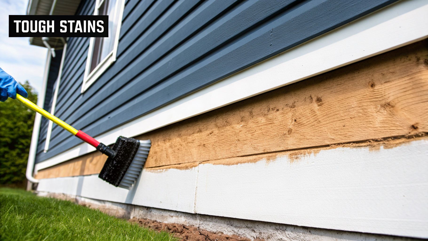 A person wearing safety glasses and gloves while holding a pressure washer wand.