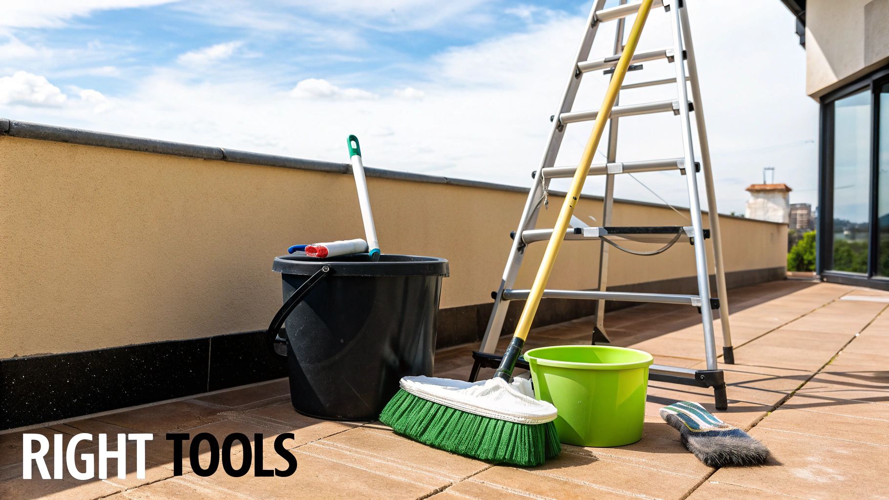 A person in gloves using a soft brush to scrub the side of a house.
