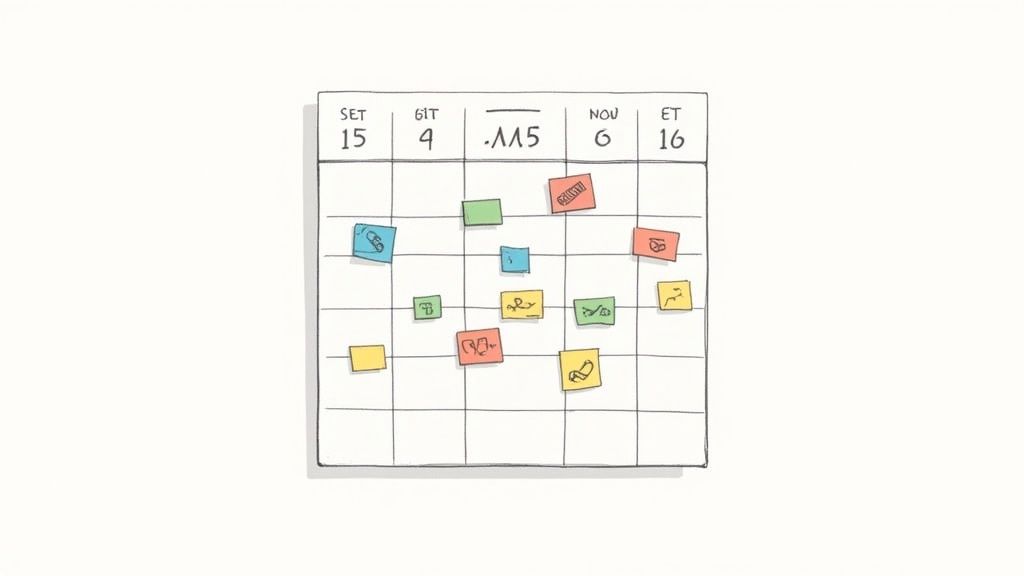 Screenshot from https://buffer.com showing a clean, organized content calendar with scheduled posts for different social media platforms.