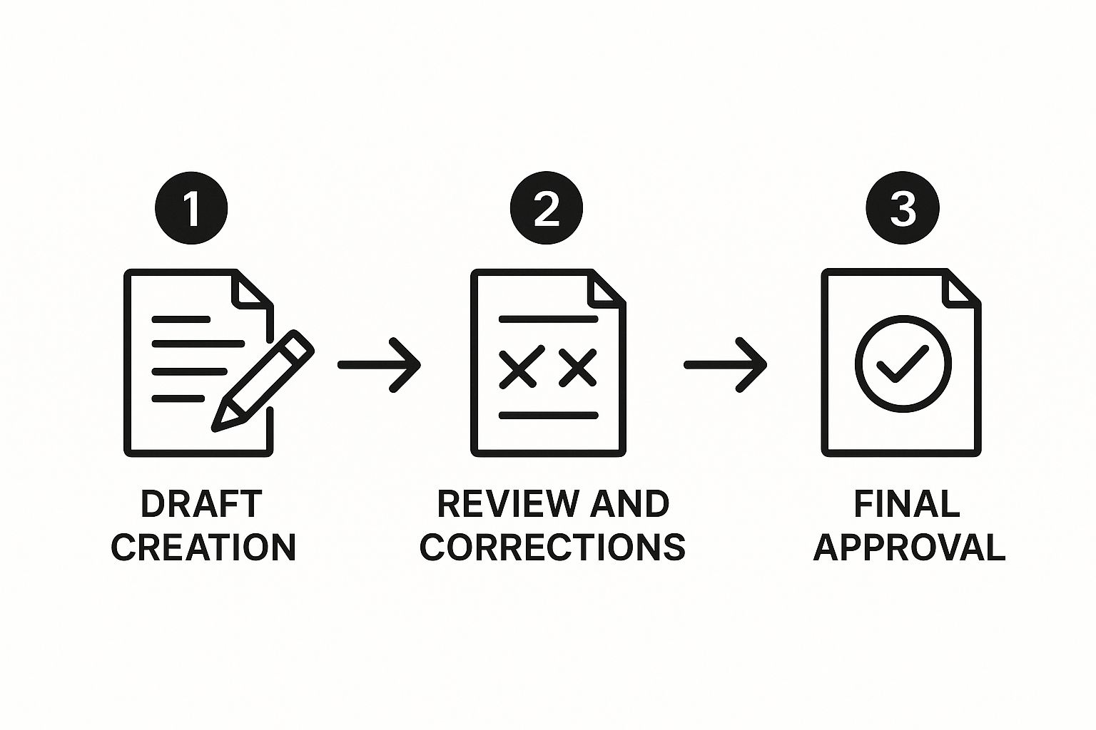 Infographic about content creation workflow showing a three-step process: Draft creation, Review and corrections, and Final approval.