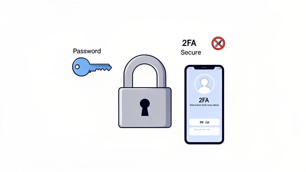 An illustration comparing a password key with a padlock to a smartphone showing 2FA for enhanced security.