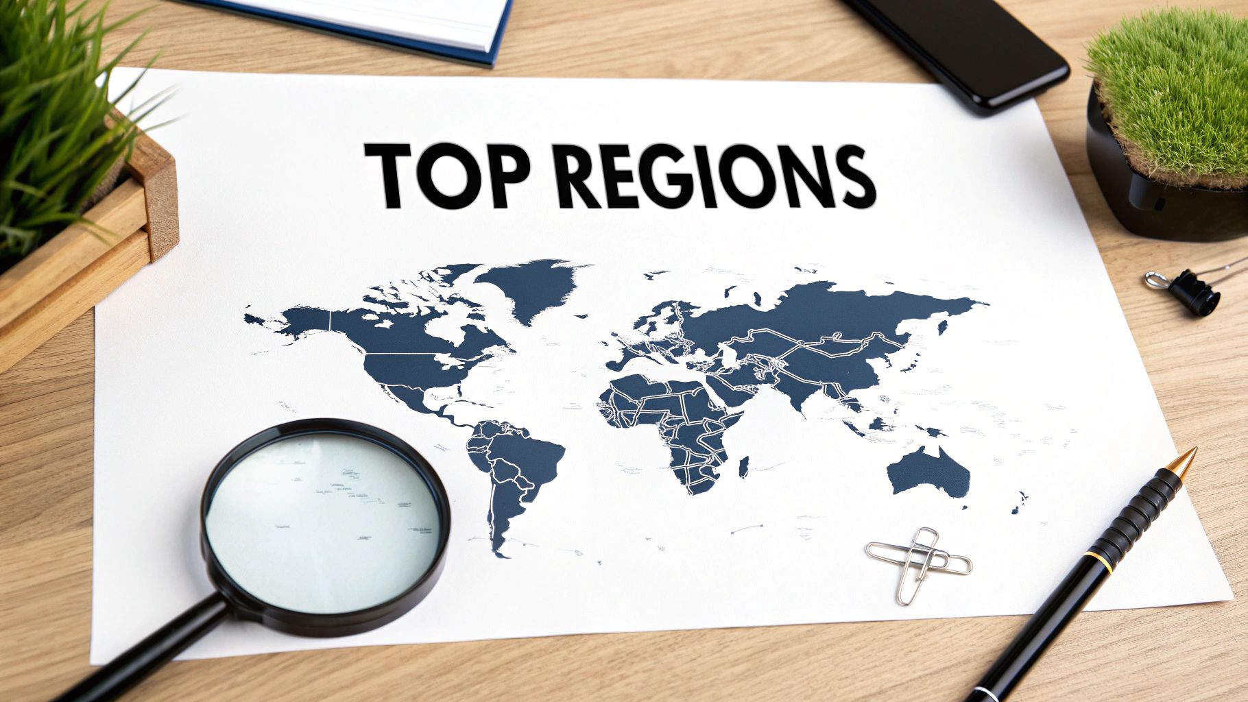 A world map on a desk with 'TOP REGIONS' text, a magnifying glass, and office supplies.