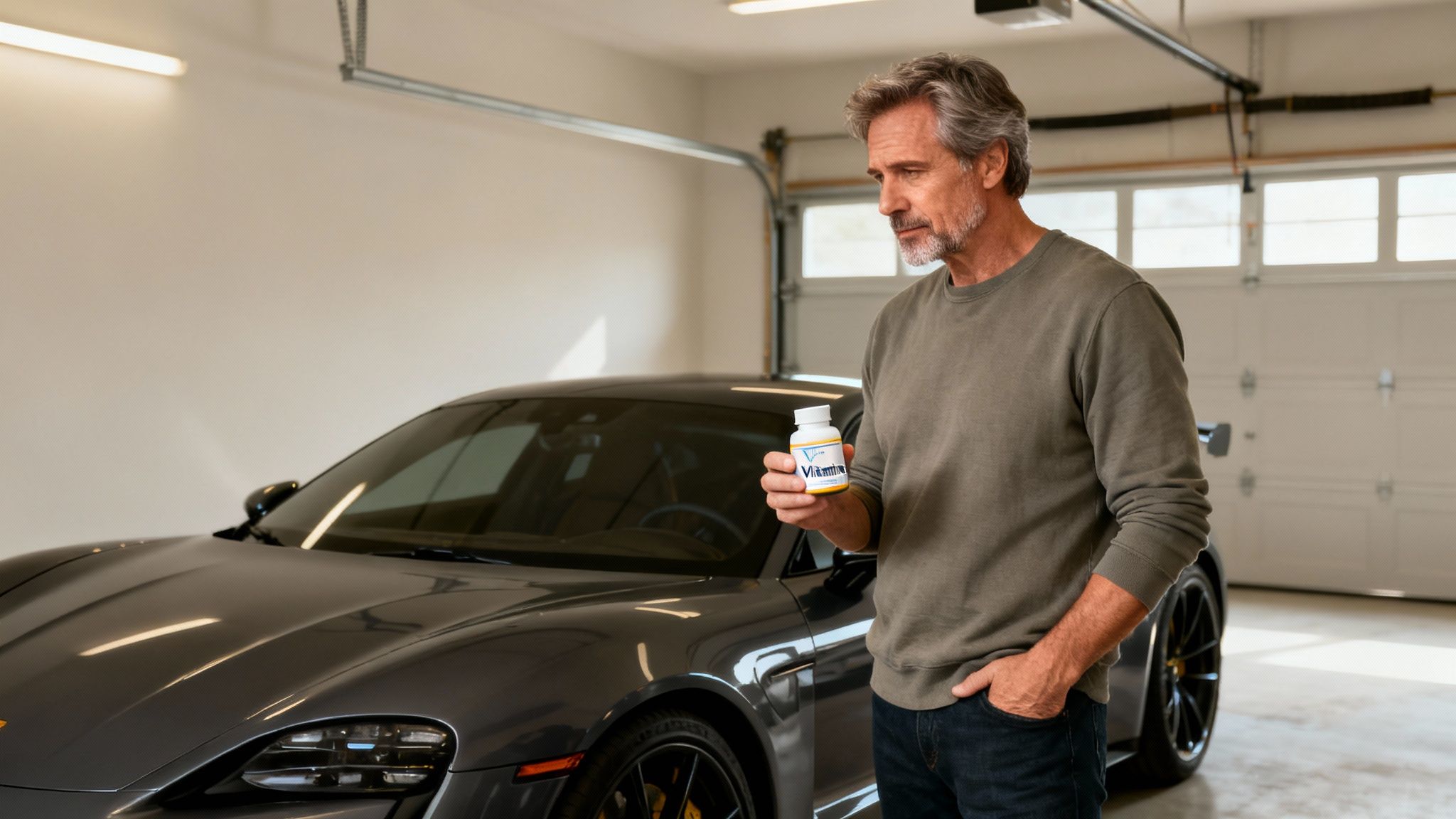 A mature man in a garage holding a bottle of 'Vitamins', with a sleek sports car behind him.