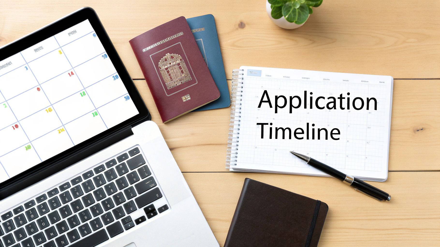 A top-down view of a desk with a laptop displaying a calendar, passports, and an 'Application Timeline' notebook.