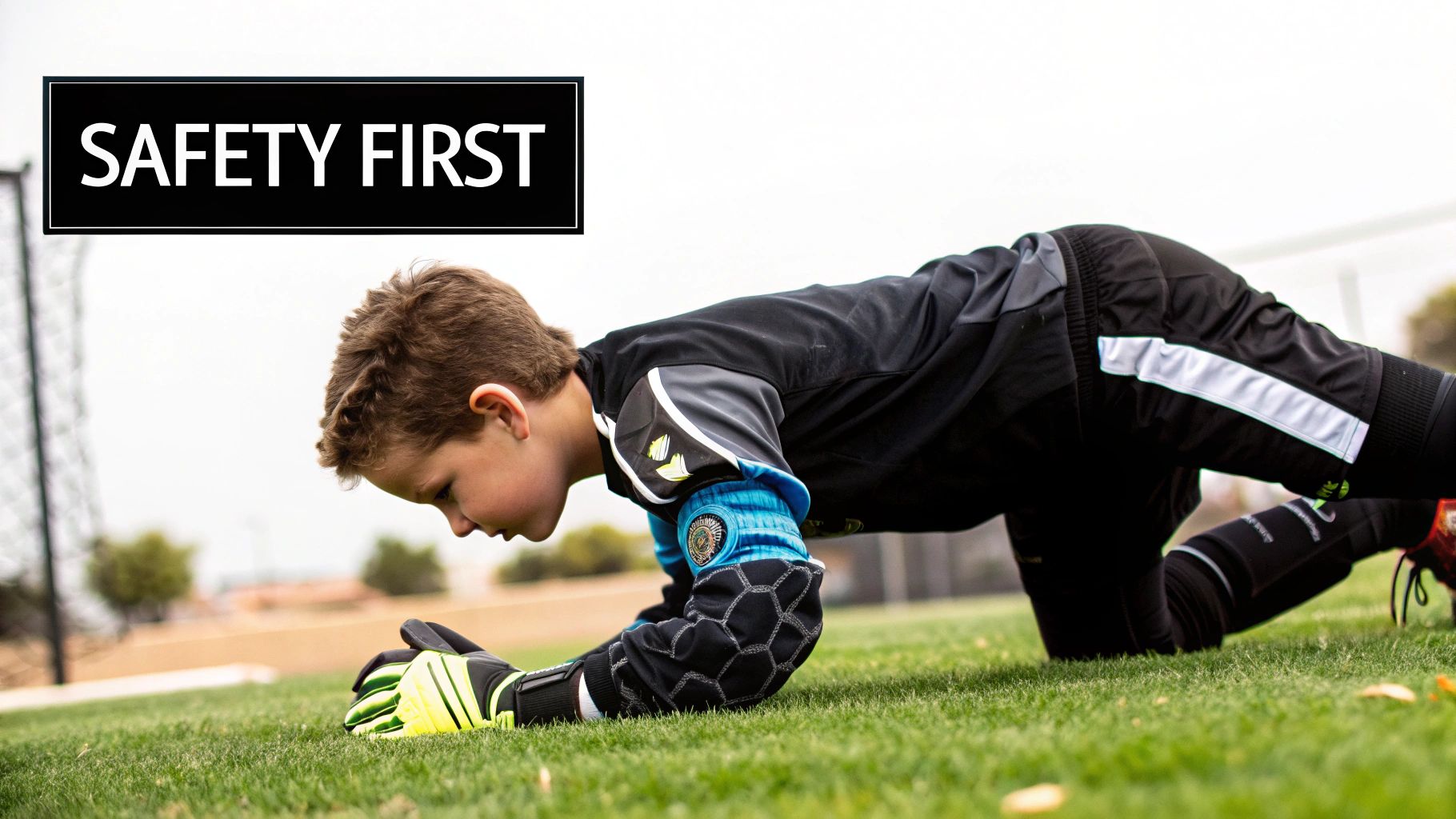A young boy, dressed in a junior goalkeeper kit with padded gear, is on a green soccer field.