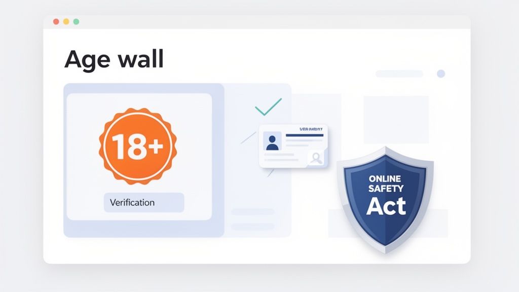 Illustration of age verification process with '18+' badge and ID for online safety compliance.