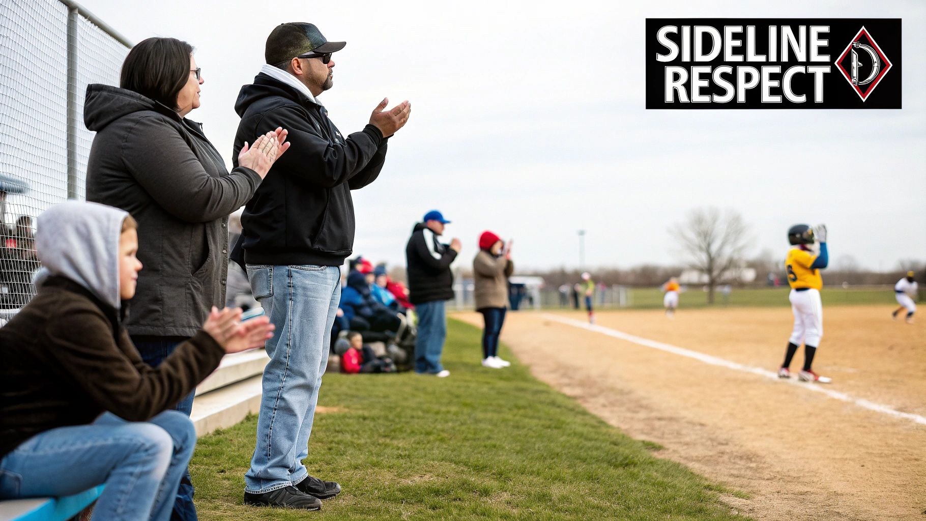 Spectators clap on the sideline of a youth baseball game under an overcast sky.